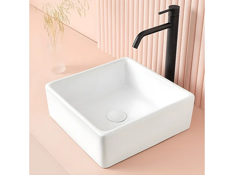 Lavabo blanco brillante sobre encimera cerámico CAGLIARY 37,5 x 37,5 cm