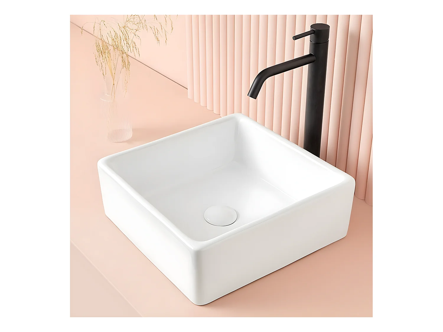 Lavabo blanco brillante sobre encimera cerámico CAGLIARY 37,5 x 37,5 cm