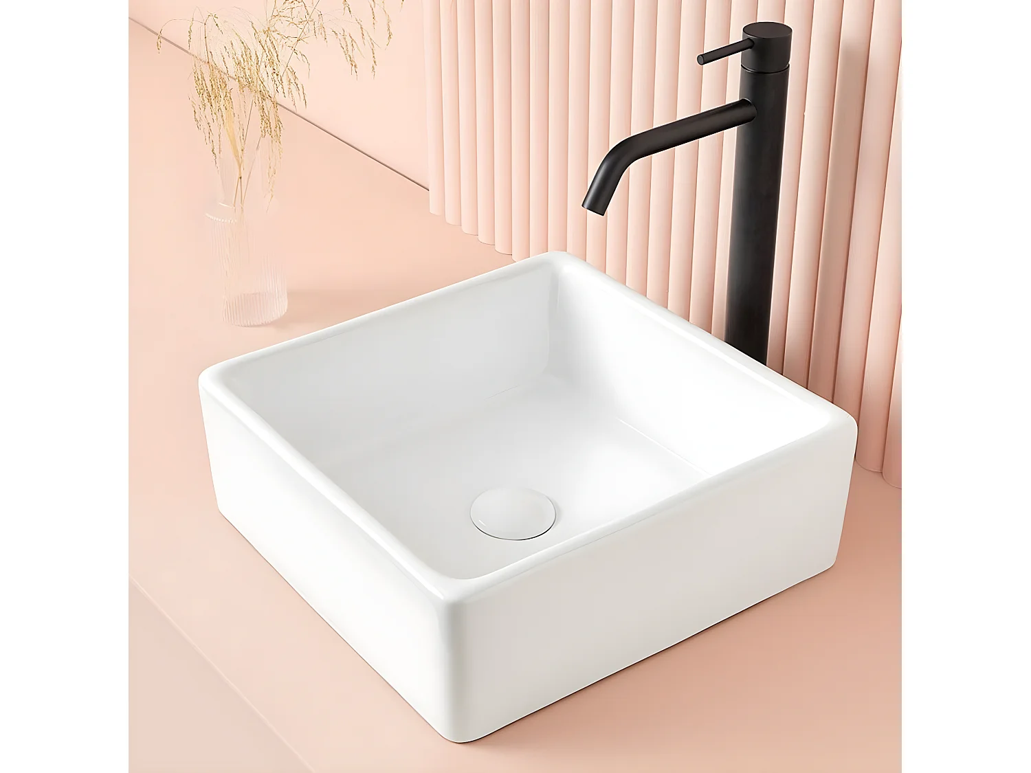 Lavabo blanco brillante sobre encimera cerámico CAGLIARY 37,5 x 37,5 cm