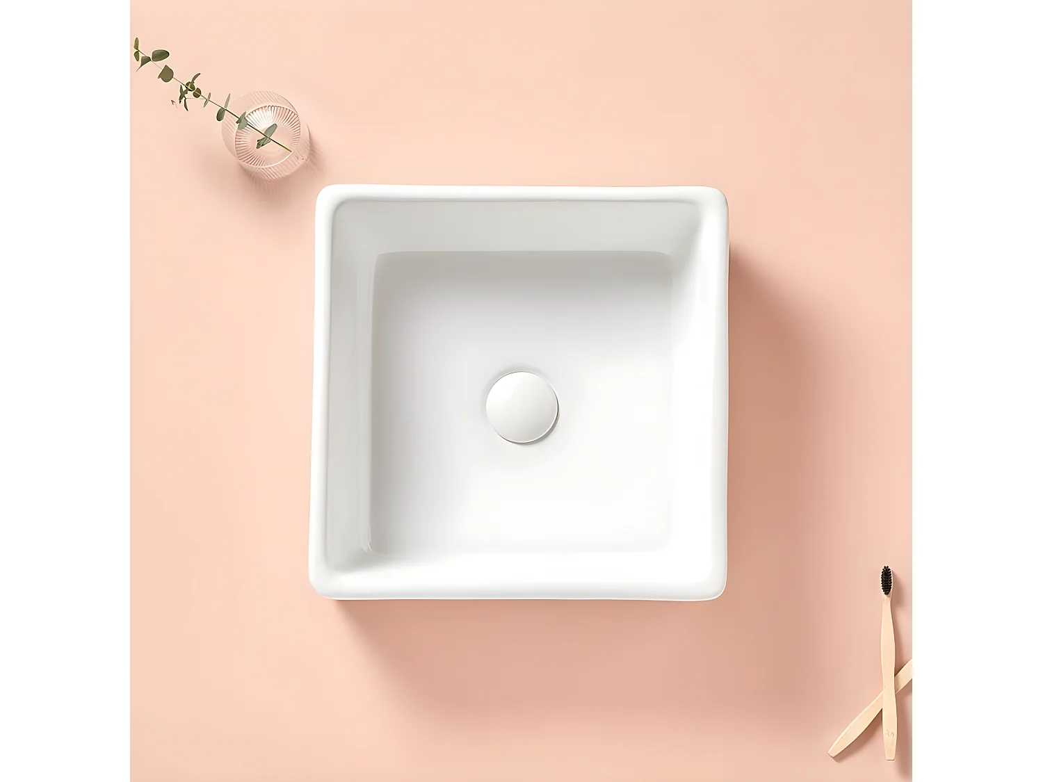 Lavabo blanco brillante sobre encimera cerámico CAGLIARY 37,5 x 37,5 cm