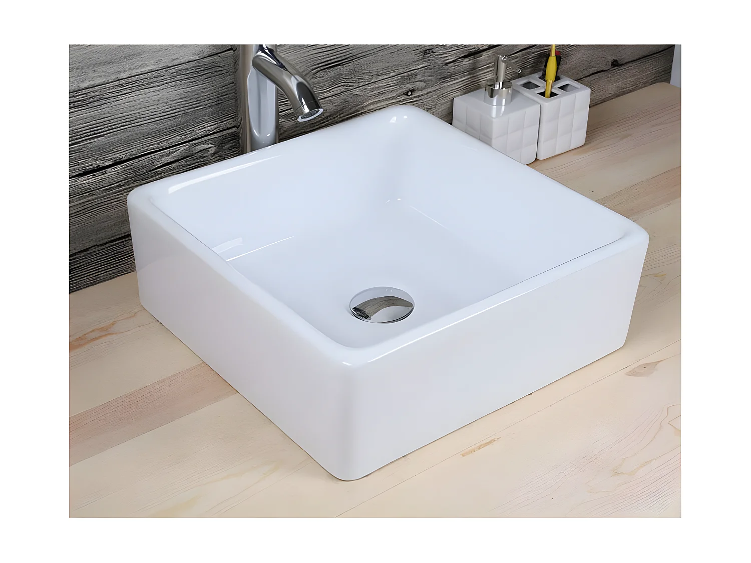 Lavabo blanco brillante sobre encimera cerámico CAGLIARY 37,5 x 37,5 cm
