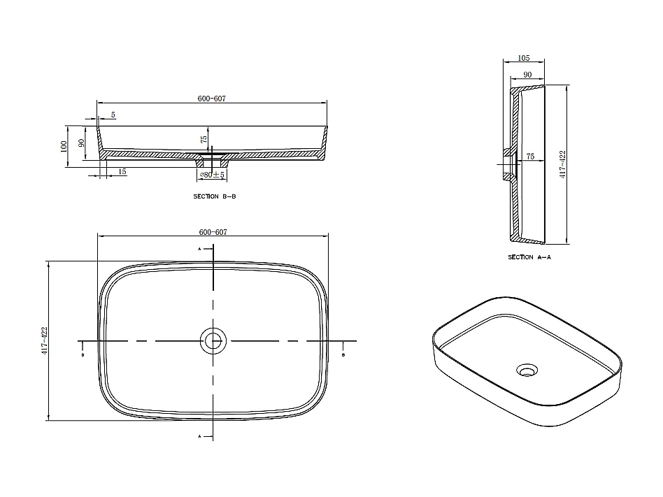 Vasque à poser rectangulaire en marbre de synthèse SIENA 60 x 42 cm
