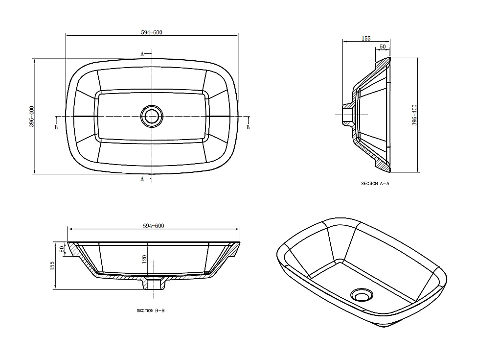 Aufsatzwaschbecken aus Gussmarmor rechteckig SIENA schwarz/weiß