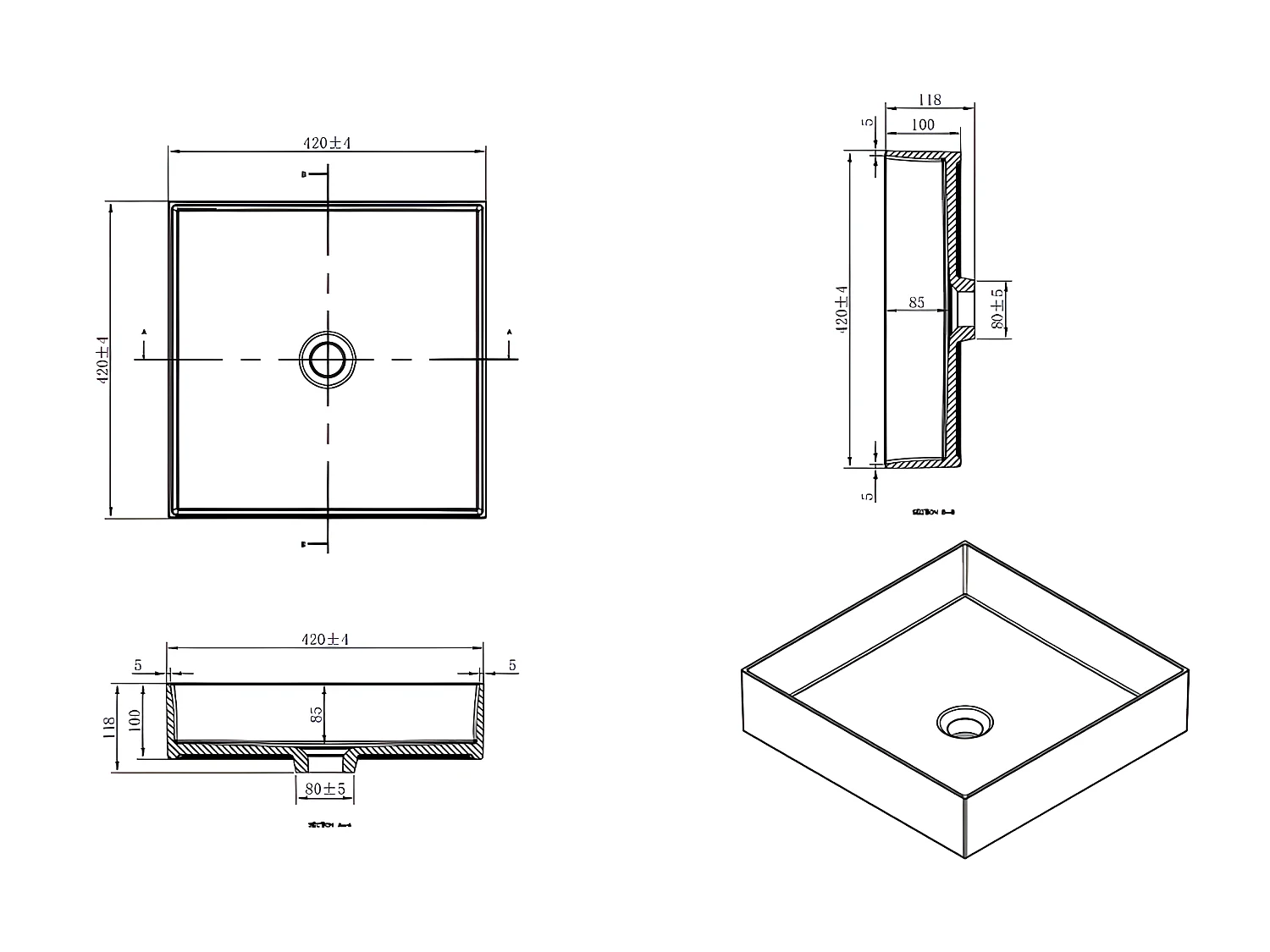 Aufsatzwaschbecken aus Gussmarmor quadratisch SIENA