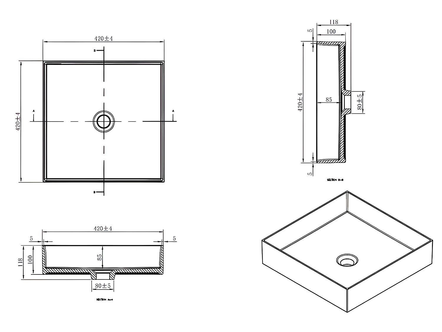 Vasque à poser carrée en marbre de synthèse SIENA 42 x 42 cm