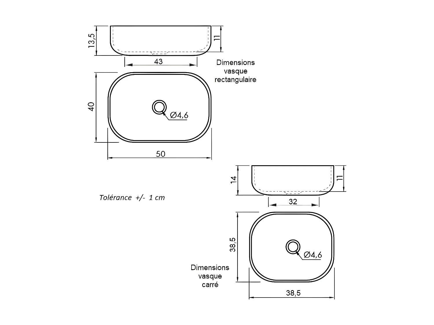 Lavabo sobre encimera rectangular en cerámica CATANIA blanco  50 x 40 cm Blanco mate