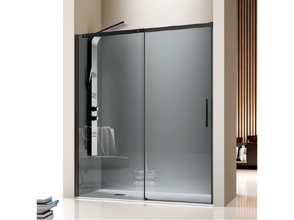Paroi de douche fixe + Porte coulissante LUNA profil noir mat verre fumé 155 cm Sans paroi latérale