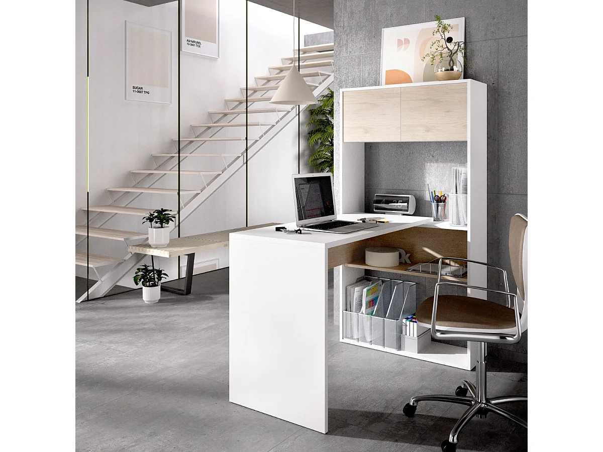 Escritorio Flexo con estante + armario blanco/natural 141x105x70 cm