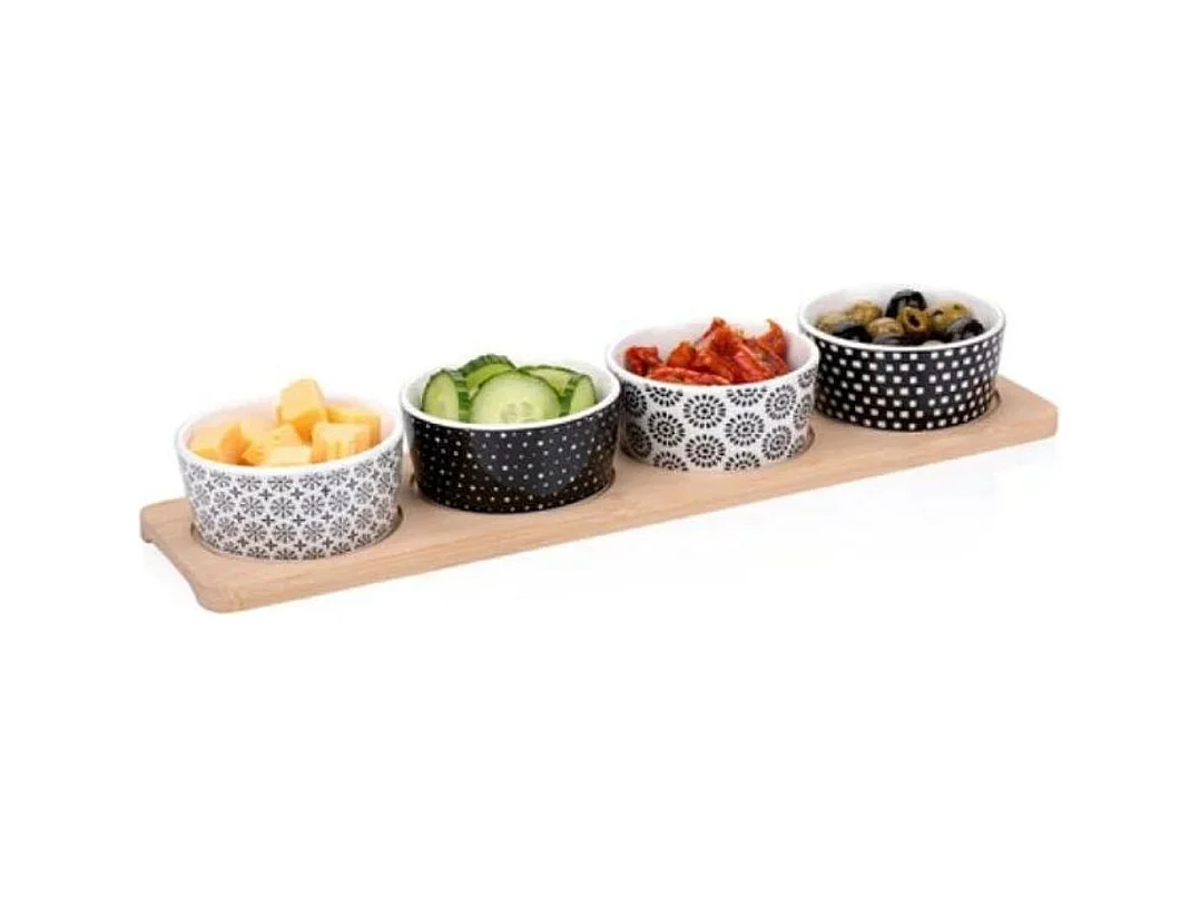 Pack de 4 cuencos Alpina para aperitivos cerámica con bandeja 38x10 cm