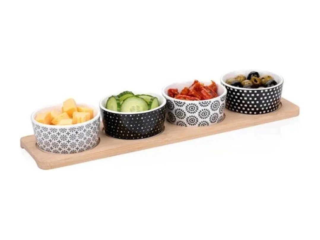 Pack de 4 cuencos Alpina para aperitivos cerámica con bandeja 38x10 cm