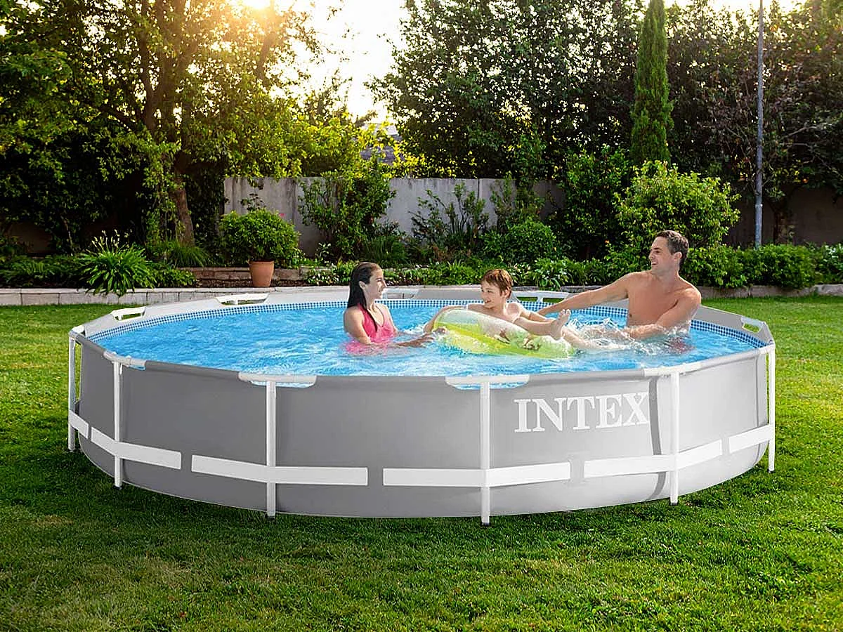 Piscina Redonda Intex Prism Frame 3,66 x 0,76 m com Bomba de Filtro - Fácil Montagem, PVC Triplo, Tecnologia de Aeração Hidro