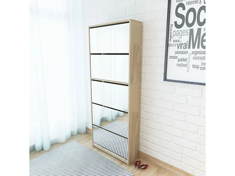 Schuhschrank mit 5 Fächern Spiegel Eiche 63x17x169,5 cm