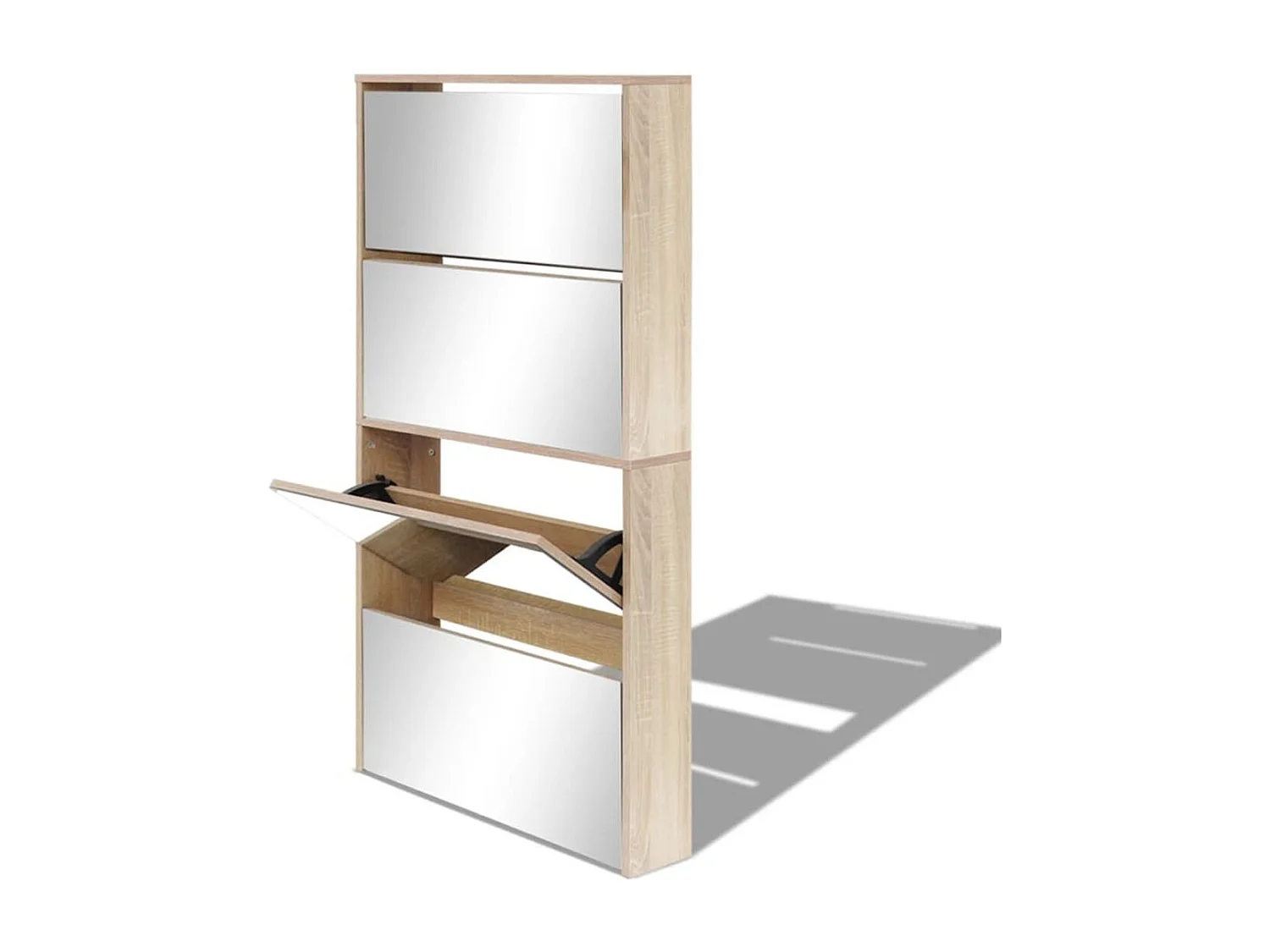 Schuhschrank mit 4 Fächern Spiegel Eiche 63×17×134 cm