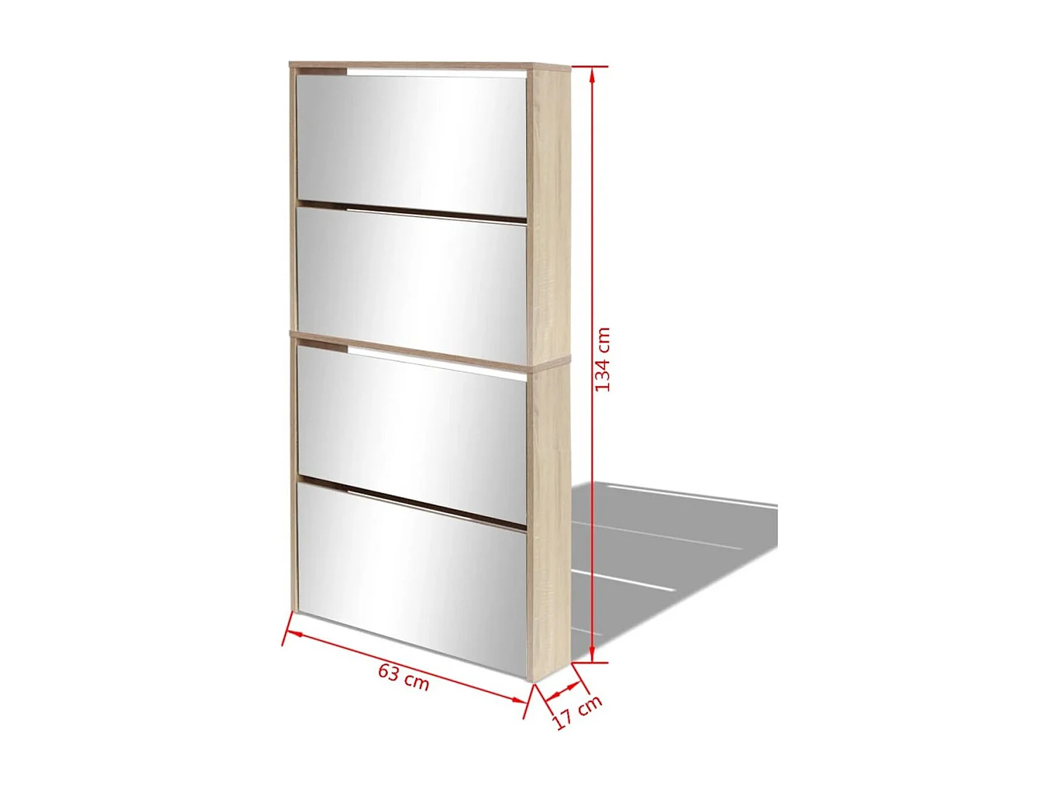 Schuhschrank mit 4 Fächern Spiegel Eiche 63×17×134 cm