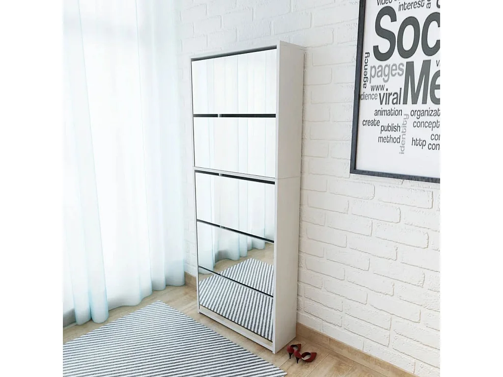 Schuhschrank mit 5 Fächern Spiegel Weiß 63×17×169,5 cm