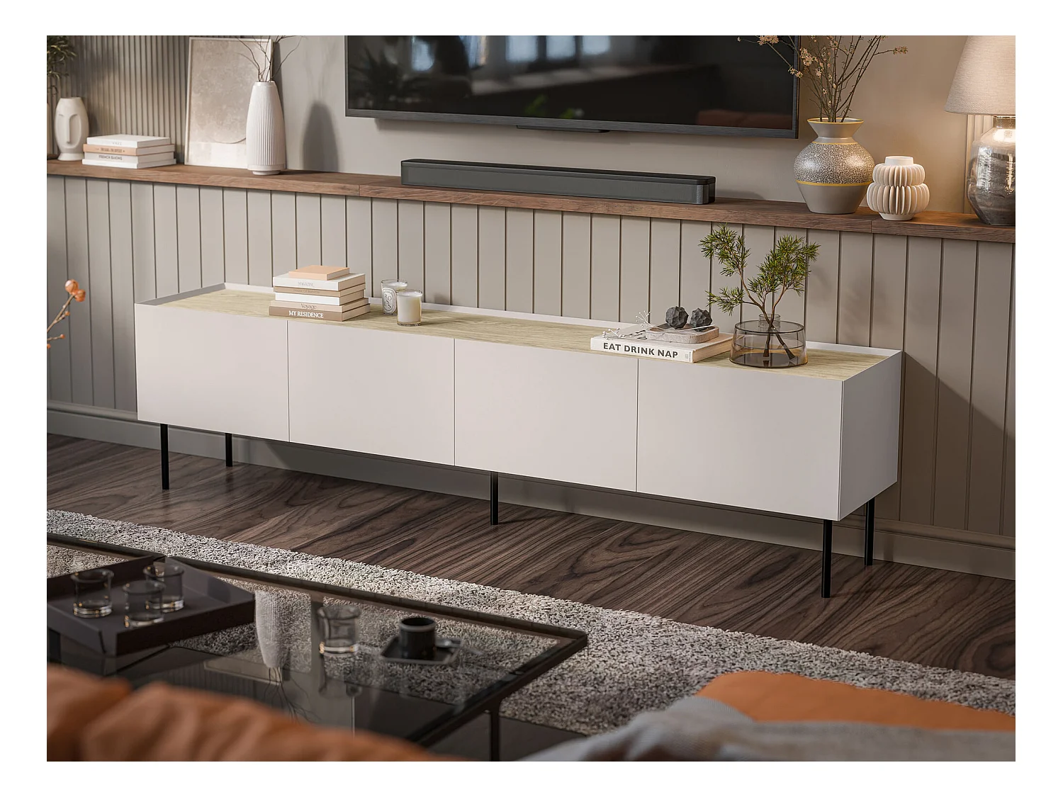 Meuble TV Melbela 107, Cachemire|Chêne, 200x52x40cm