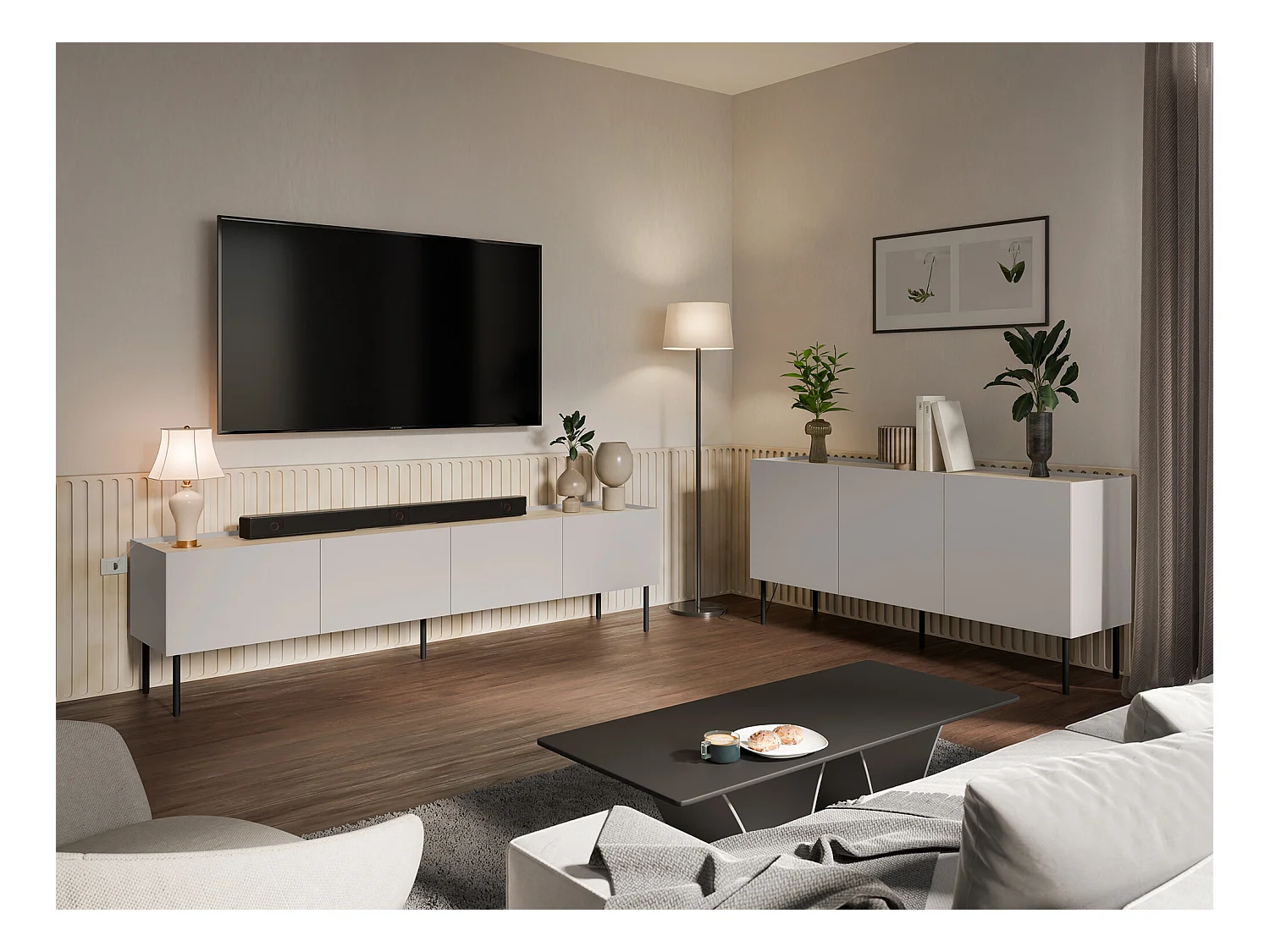 Meuble TV Melbela 107, Cachemire|Chêne, 200x52x40cm