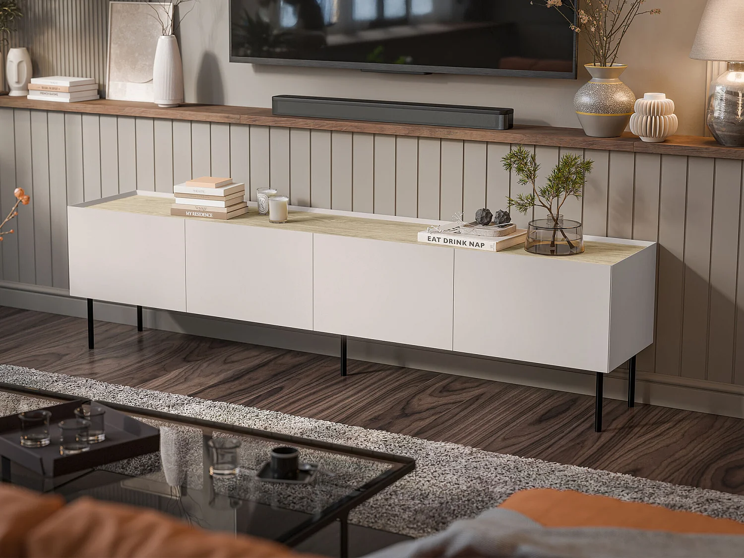 Meuble TV Melbela 107, Cachemire|Chêne, 200x52x40cm