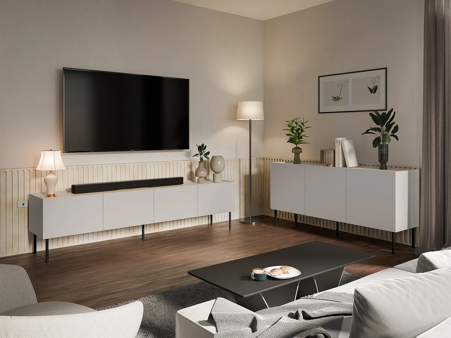 Meuble TV Melbela 107, Cachemire|Chêne, 200x52x40cm