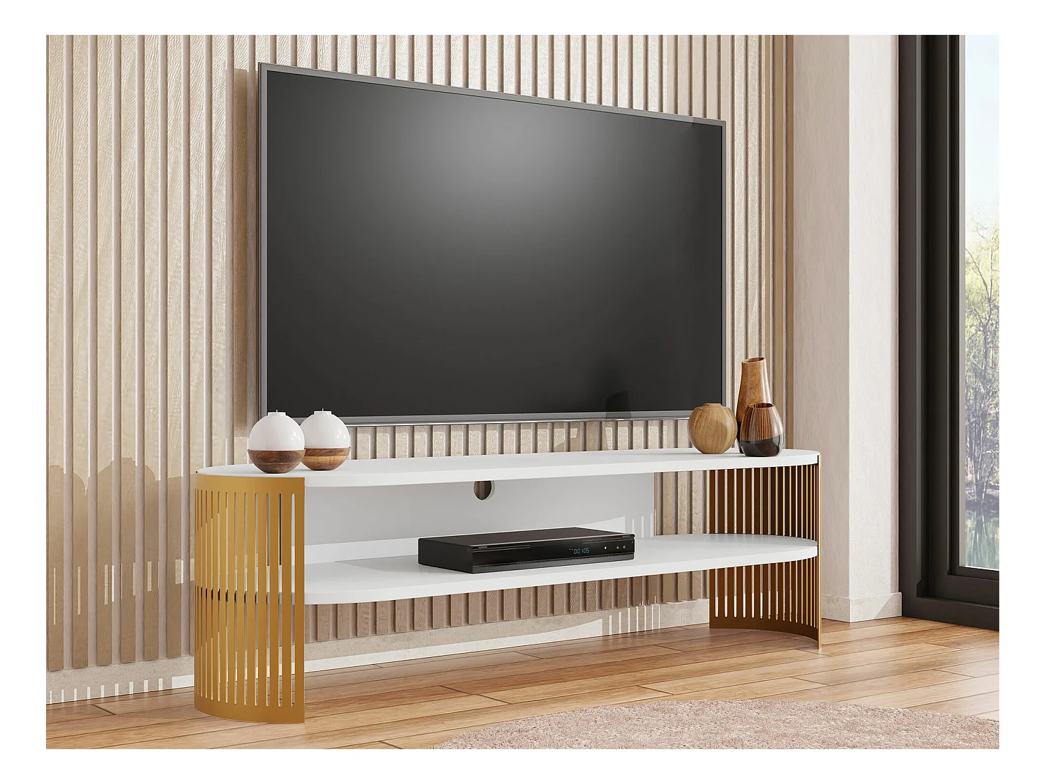 Meuble TV Sordore 122, Doré|Blanc, 140x44x40cm