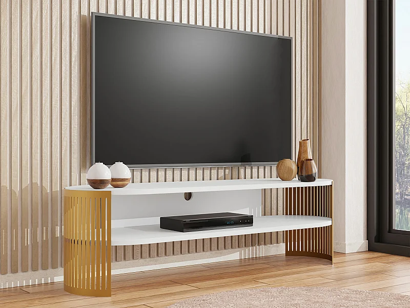 Meuble TV Sordore 122, Doré|Blanc, 140x44x40cm