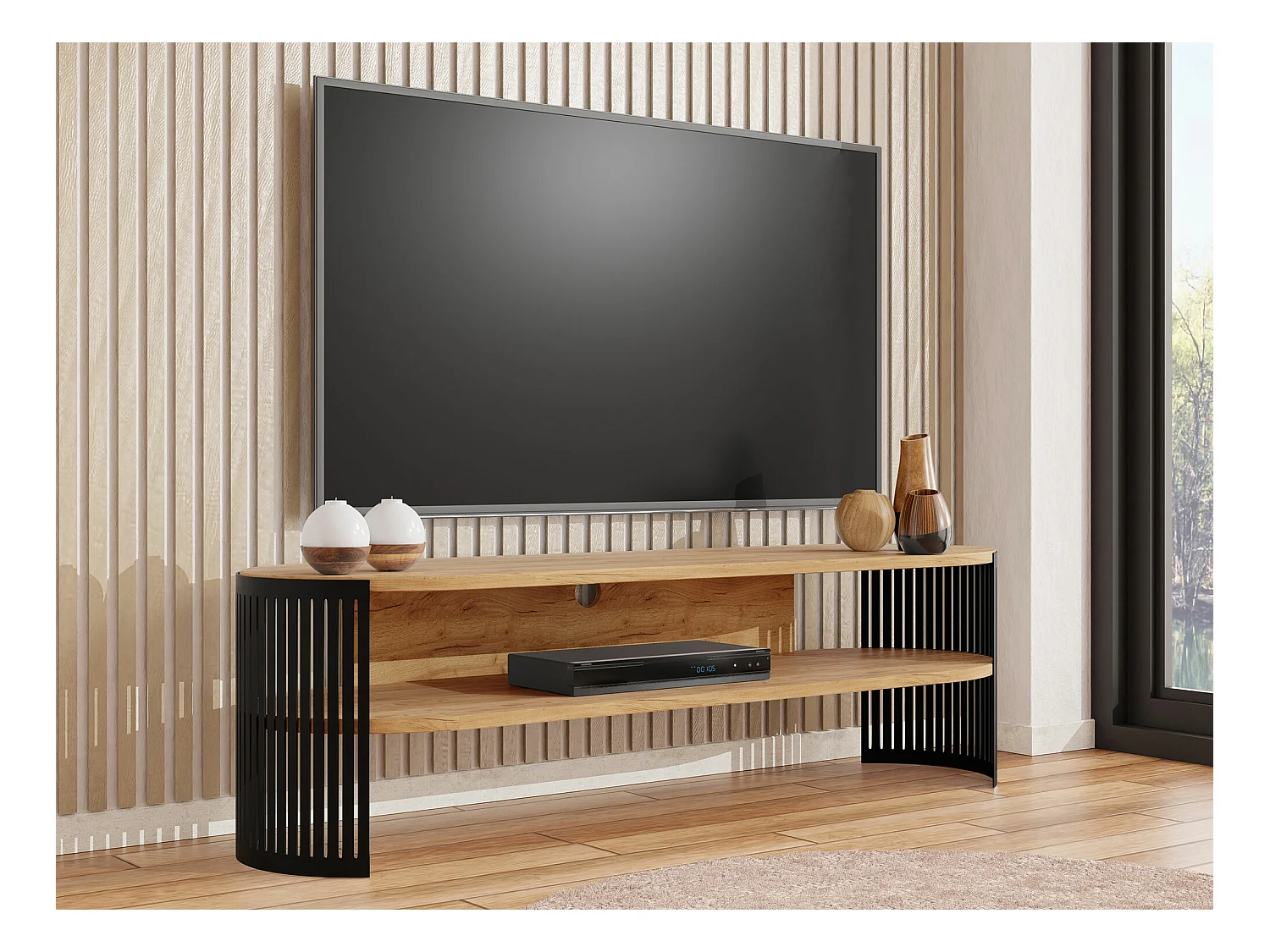 Mobile porta TV Sordore 121, Nero|Quercia dorata artigianale, 140x40x40cm