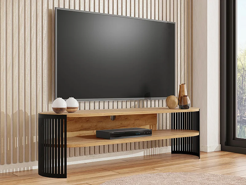 Meuble TV Sordore 121, Chêne doré artisanal|Noir, 140x40x40cm