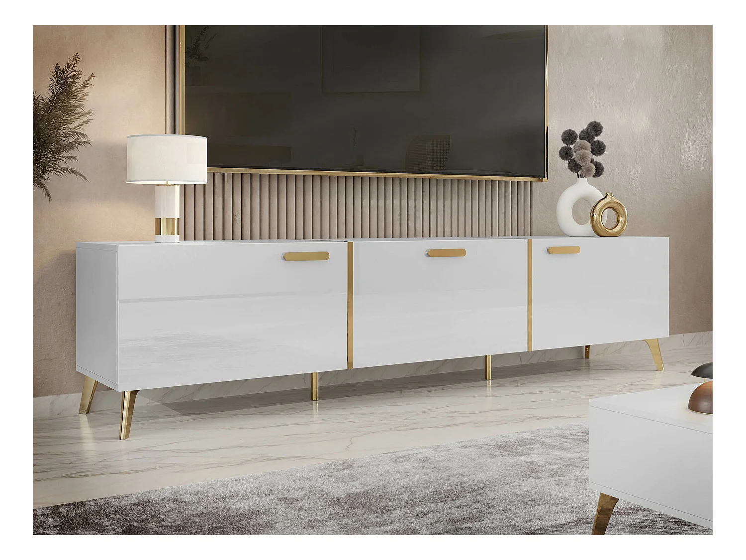 Meuble TV Comfivo Teslomo 110, Blanc|Doré|Blanc brillant, 204x47x38cm