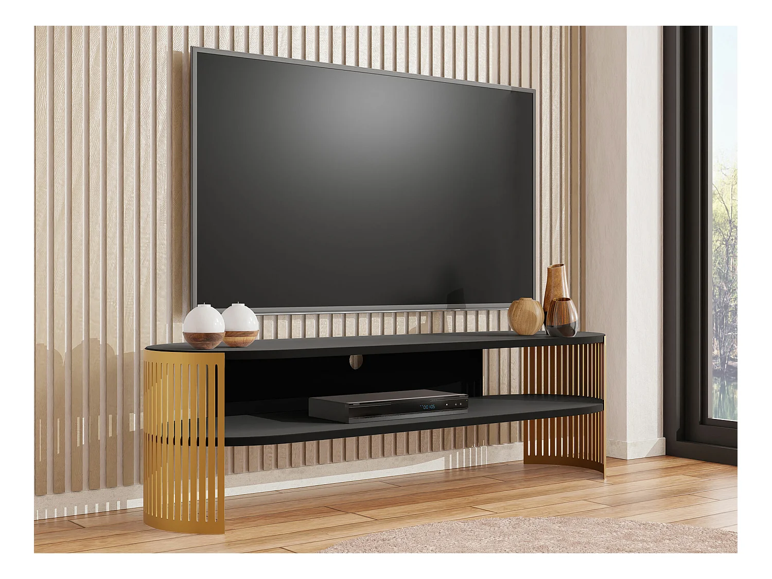 Meuble TV Sordore 122, Noir|Doré, 140x44x40cm