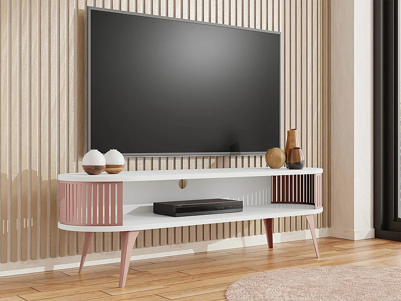 Meuble TV Sordore 110, Blanc|Rose, 140x44x40cm