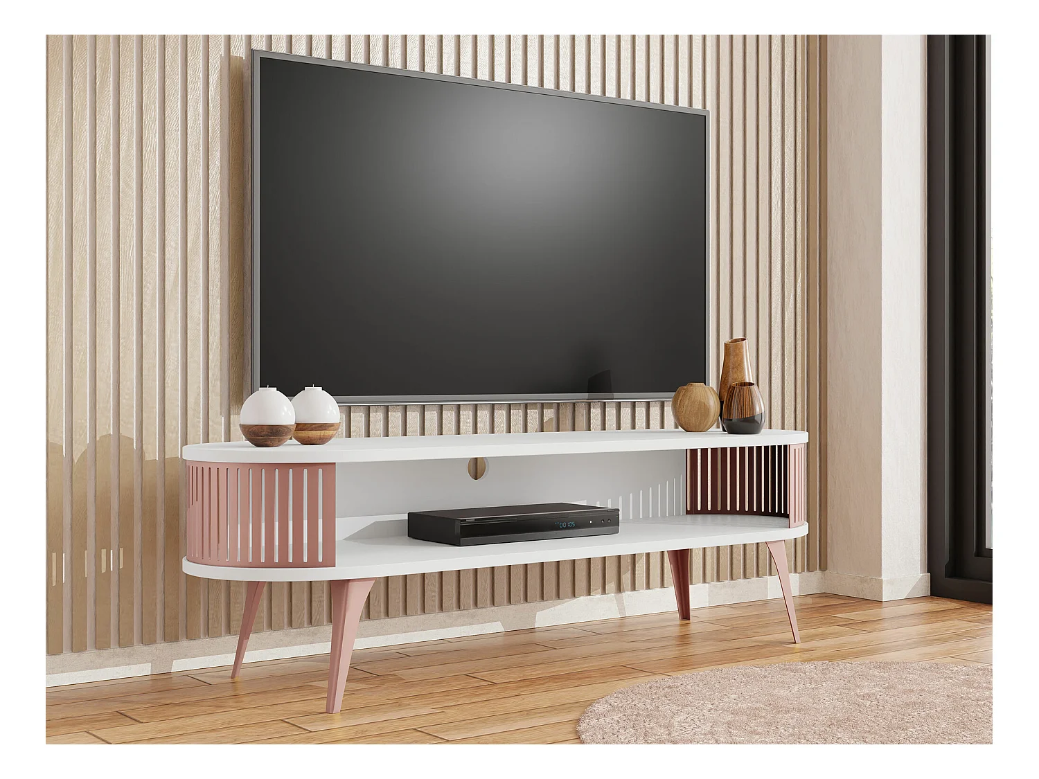 Meuble TV Sordore 110, Rose|Blanc, 140x44x40cm