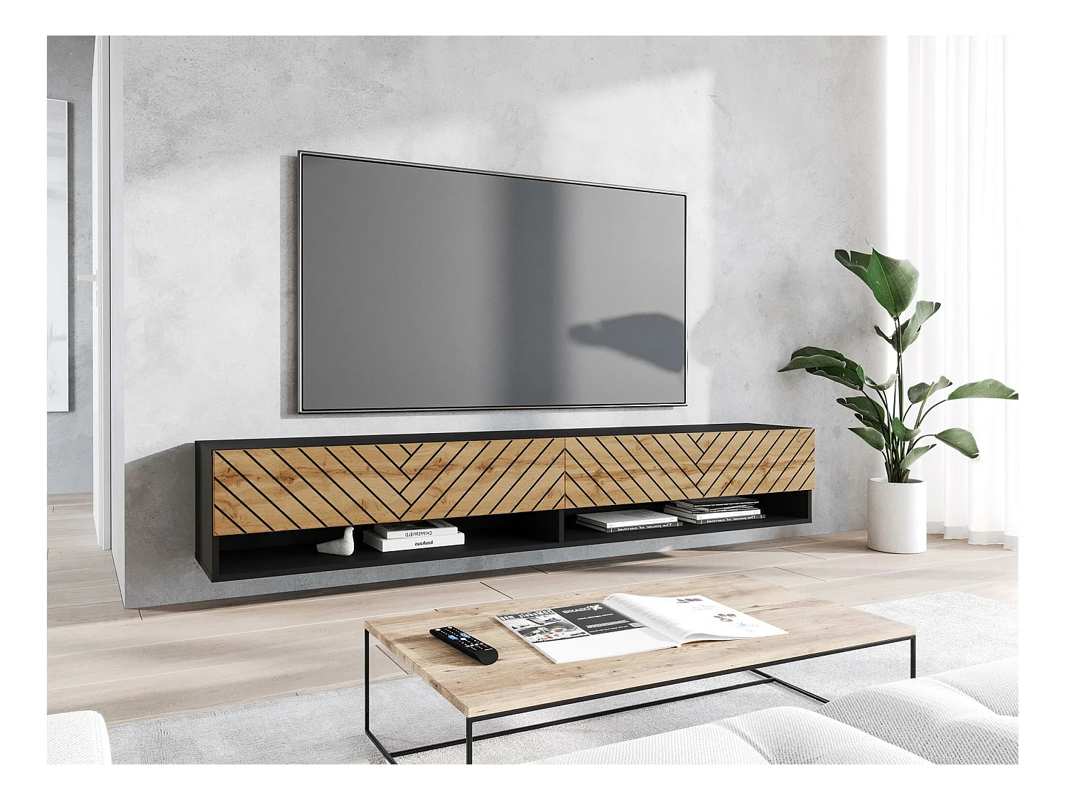 Meuble TV Sarasota 119, Chêne wotan|Graphite, Le nombre de portes: 2, 180x30x33cm