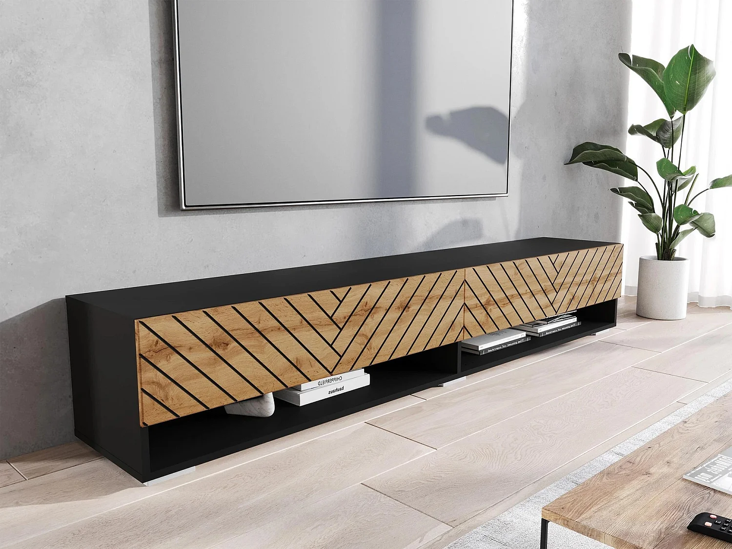 Meuble TV Sarasota 119, Chêne wotan|Graphite, Le nombre de portes: 2, 180x30x33cm