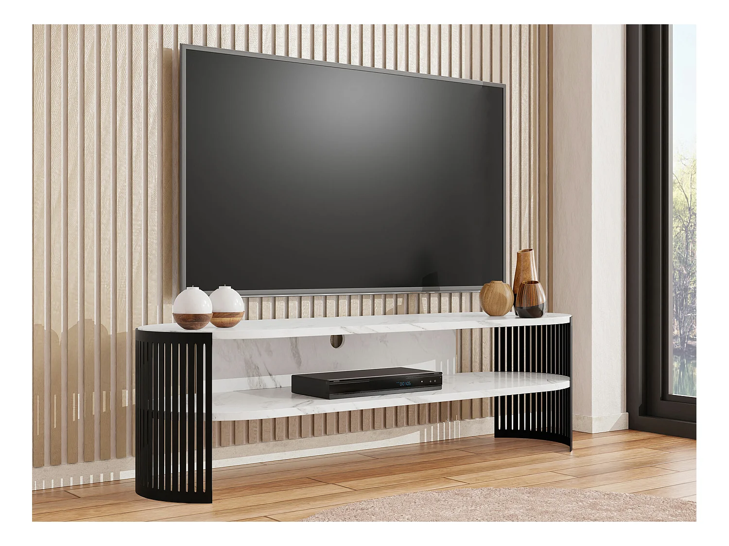 Meuble TV Sordore 121, Blanc|Marbre blanc, 140x40x40cm