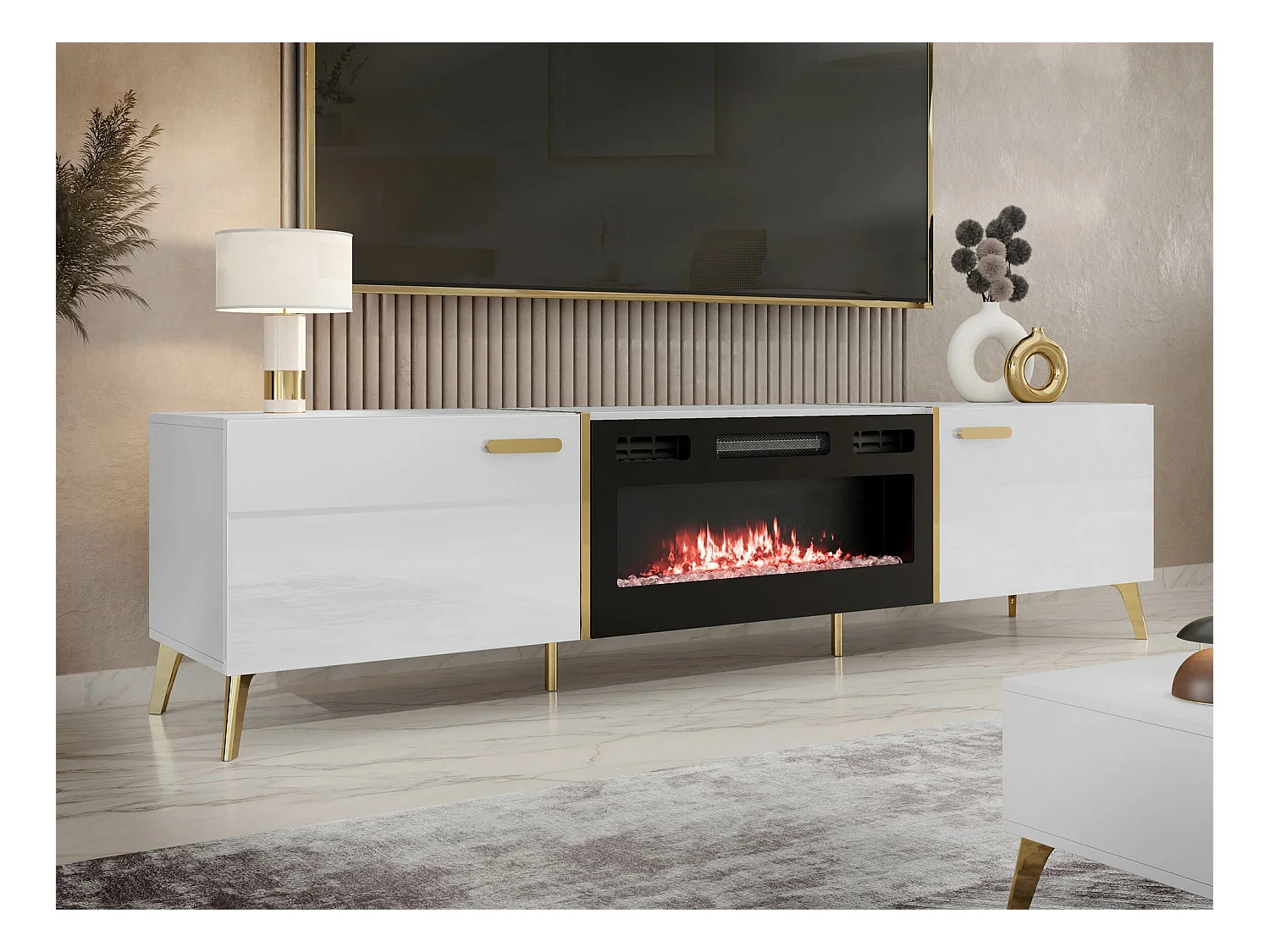 Meuble TV Comfivo Teslomo 112, Blanc brillant|Blanc|Doré, 214x50x38cm