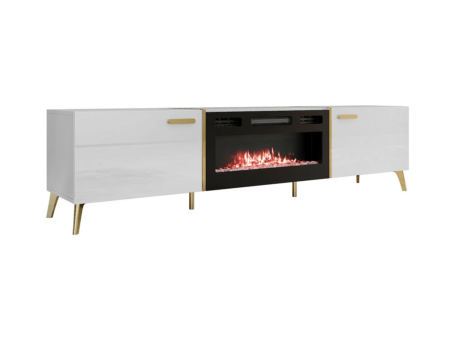 Meuble TV Comfivo Teslomo 112, Blanc brillant|Blanc|Doré, 214x50x38cm