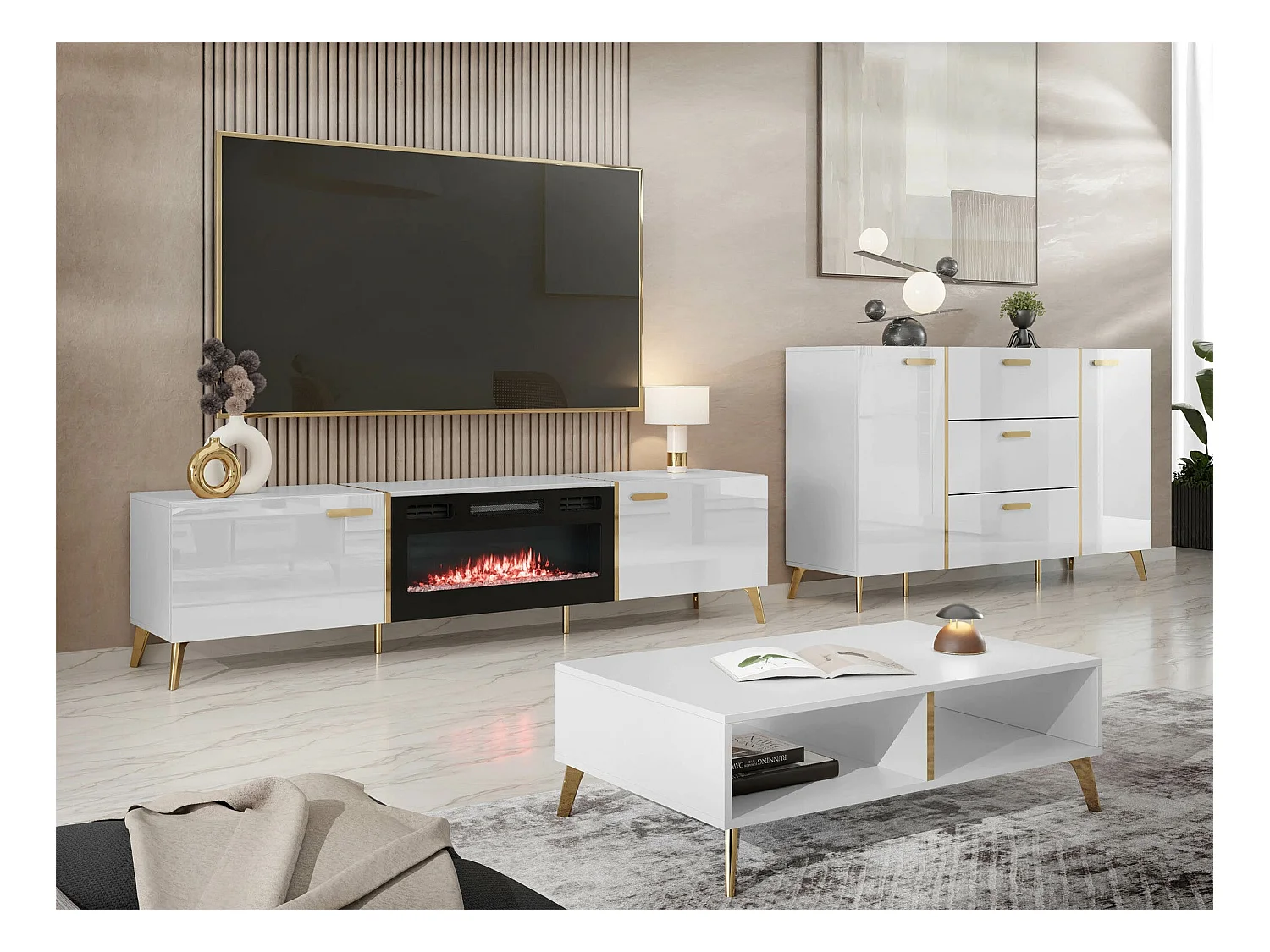 Meuble TV Comfivo Teslomo 112, Blanc brillant|Blanc|Doré, 214x50x38cm