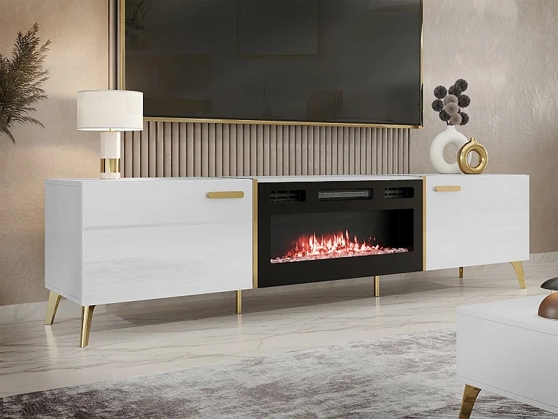 Meuble TV Comfivo Teslomo 112, Blanc brillant|Blanc|Doré, 214x50x38cm