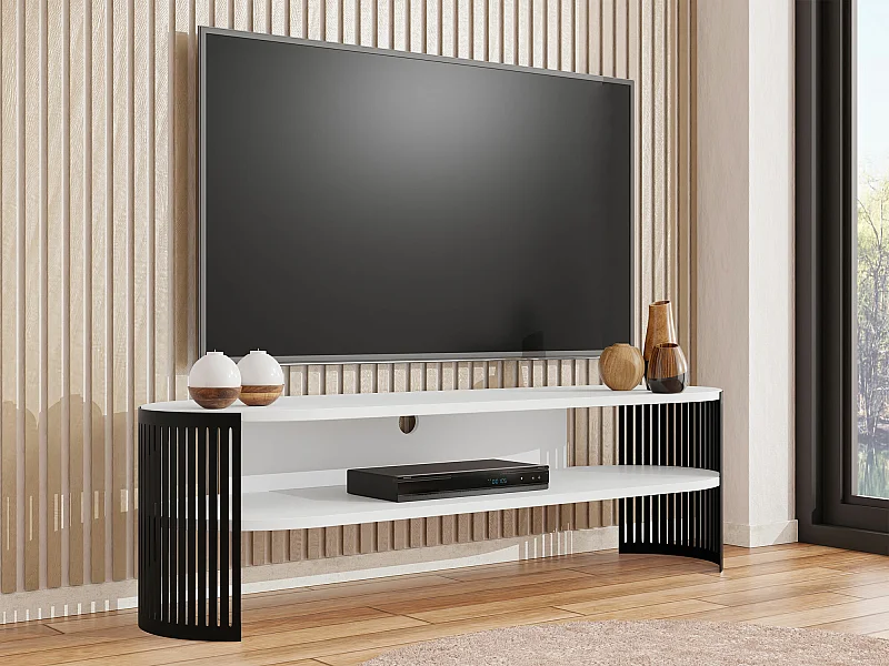 Meuble TV Sordore 121, Blanc|Noir, 140x40x40cm