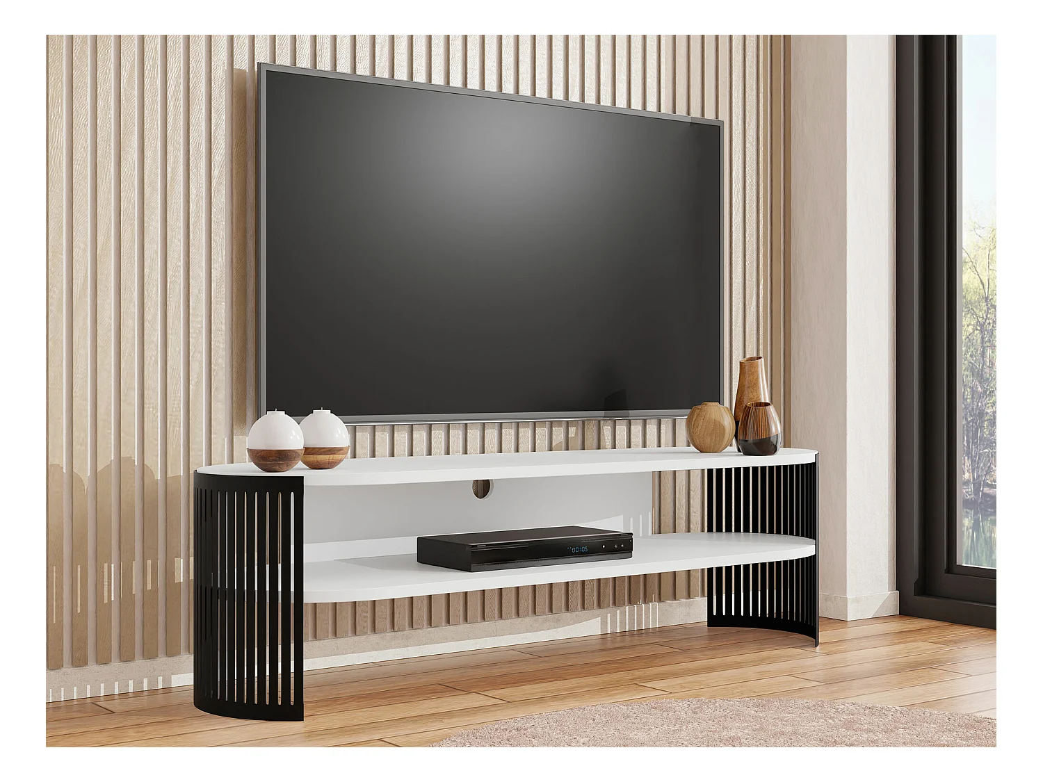 Meuble TV Sordore 121, Noir|Blanc, 140x40x40cm