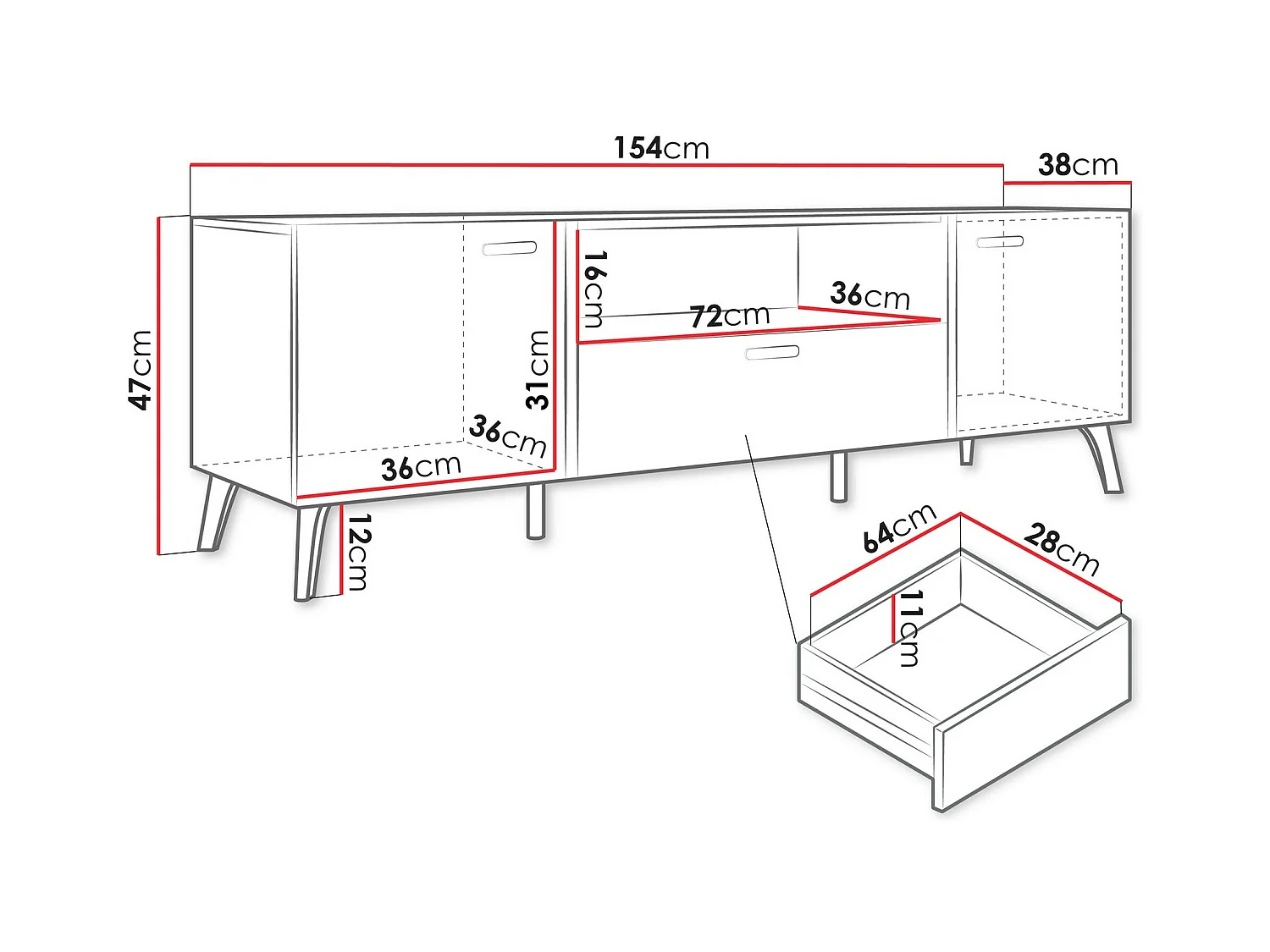 Móvel TV AMBIHOME CIRE - Caxemira brilhante, C154xP38xA47cm