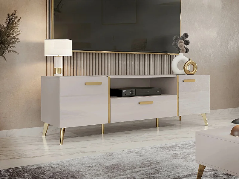 Meuble TV Comfivo Teslomo 113, Cachemire|Doré|Cachemire Brillant, 154x47x38cm