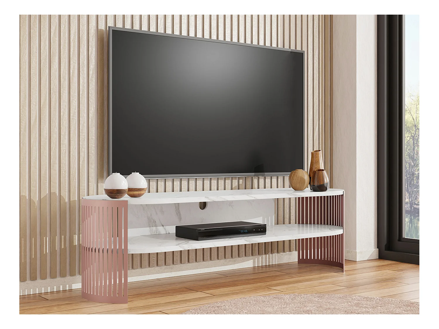 Meuble TV Sordore 123, Marbre noir|Rose, 140x44x40cm