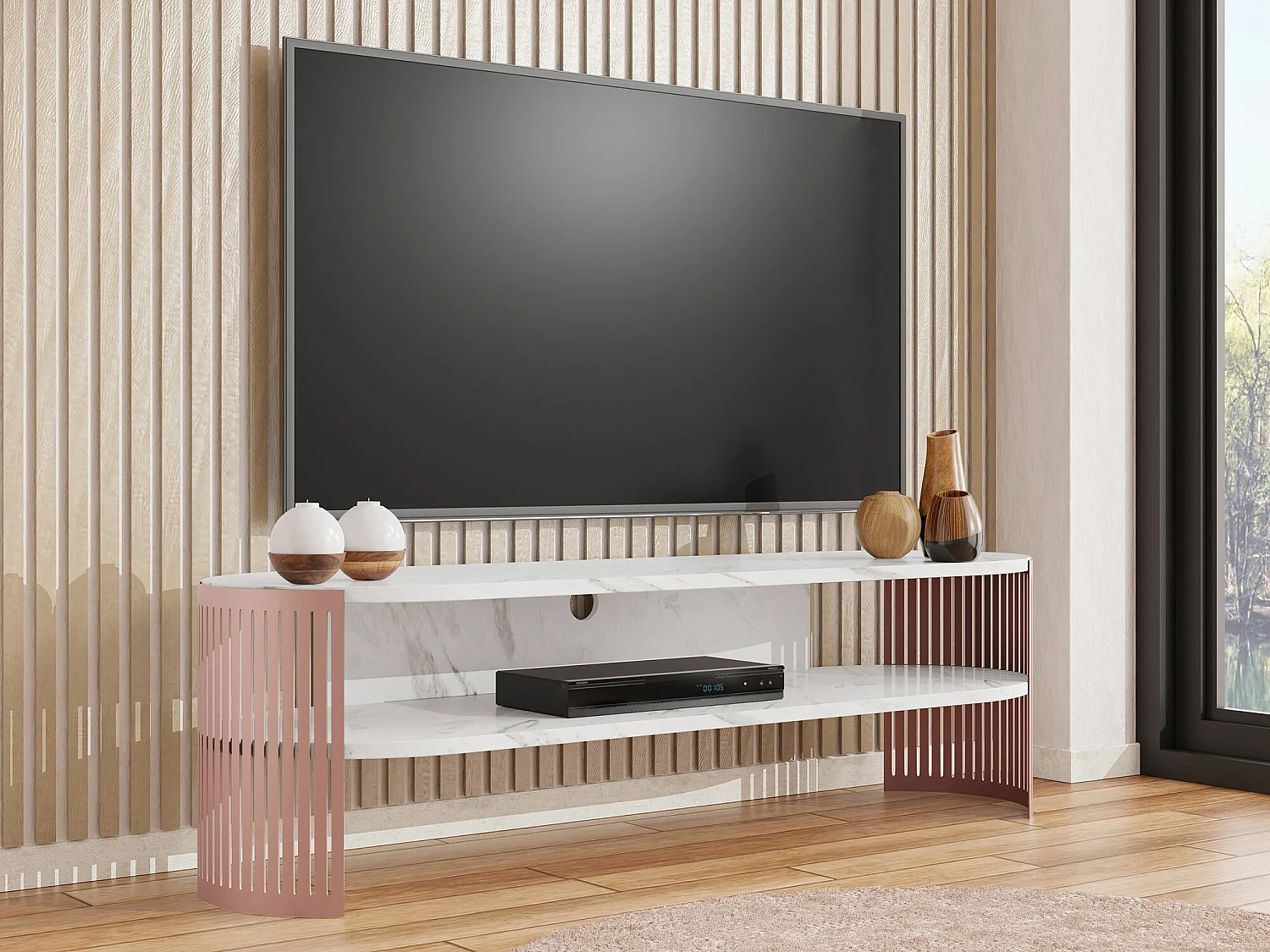Meuble TV Sordore 123, Marbre noir|Rose, 140x44x40cm