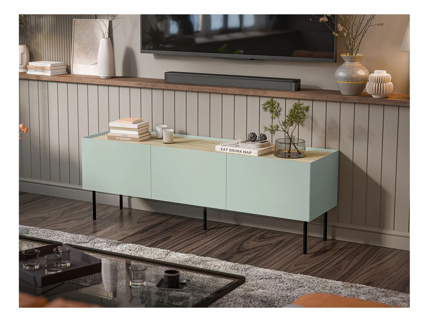 Mobile porta TV Melbela 106, Olivo chiaro|Quercia, 150x52x40cm