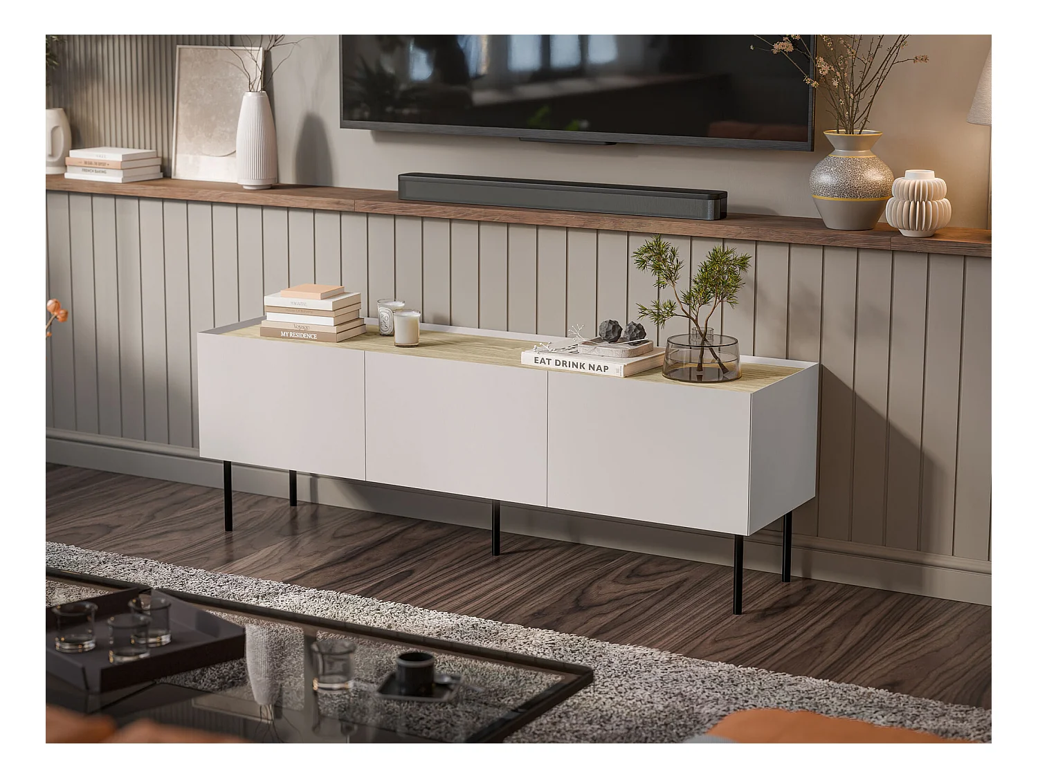 Meuble TV Melbela 106, Cachemire|Chêne, 150x52x40cm