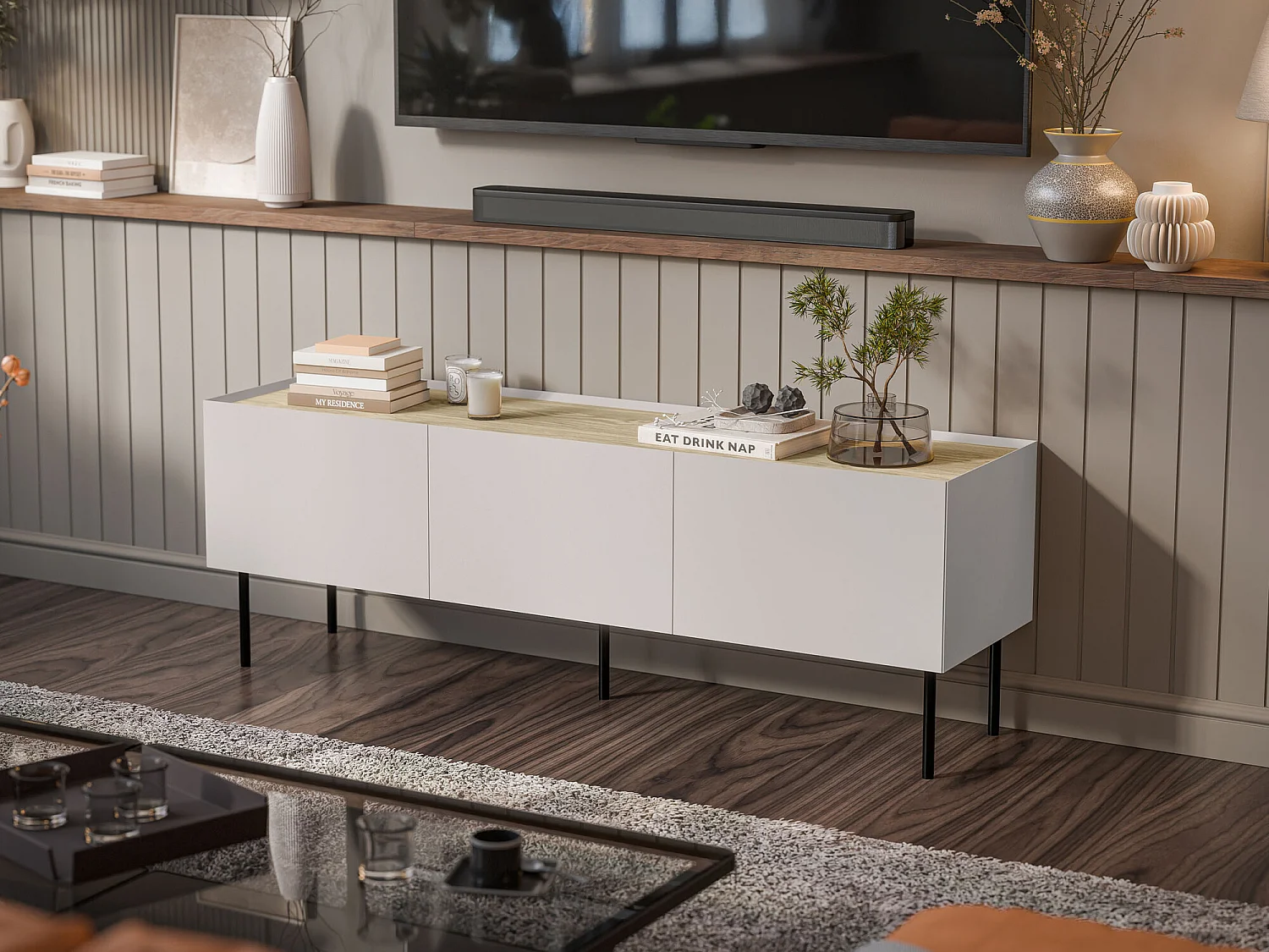 Meuble TV Melbela 106, Cachemire|Chêne, 150x52x40cm