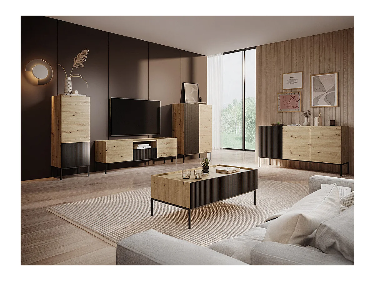 Meuble TV Lunole 109, Chêne Artisan|Noir, 180x60x42cm