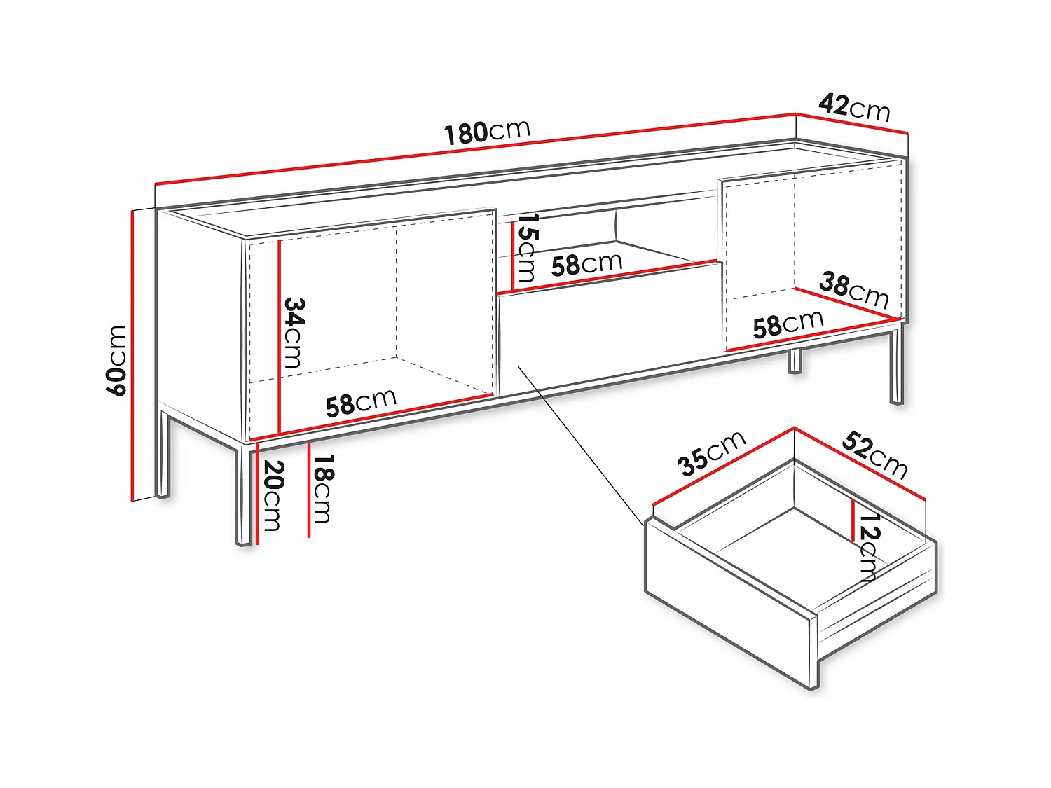 Meuble TV Lunole 109, Chêne Artisan|Noir, 180x60x42cm