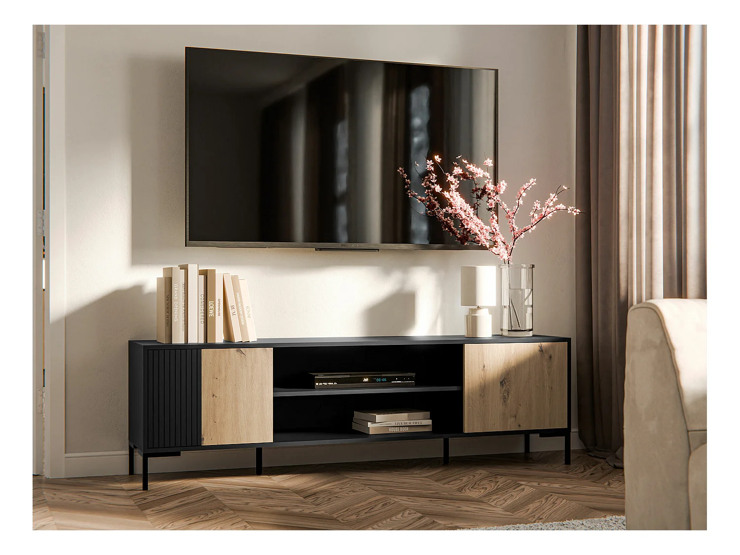 Meuble TV Etrfelu 105, Chêne Artisan|Noir, 180x54x40cm